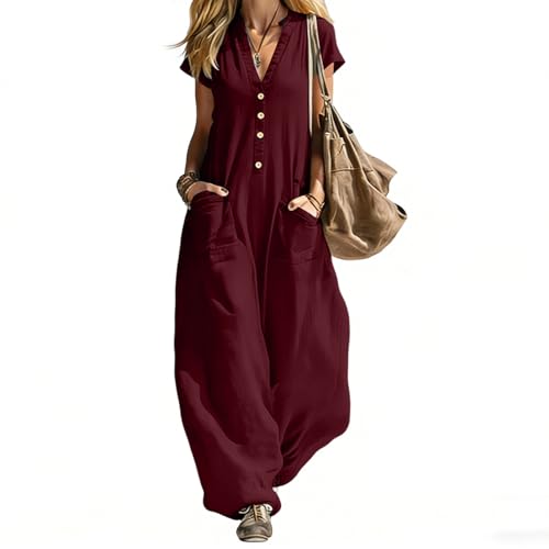 Salopette Femme D'Été Coton Fluide Combinaison Longue Elegant Col en V Manches Courtes avec Poches Grande Taille Jumpsuit Ample de Travail Uni Tenue...