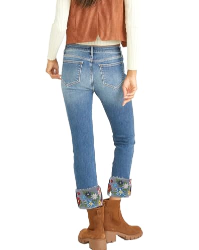Embroidered Jeans for Women Floral Crop Straight Leg Cuffed Stretch Jeans Mid Rise Skinny Denim Pants3