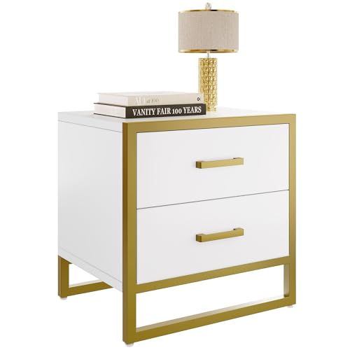 DWVO Night Stand, White and Gold Nightstand Bed Side Table with Drawers, Small Wood Nightstand Sofa Side Table Modern End Tables Bedroom, White