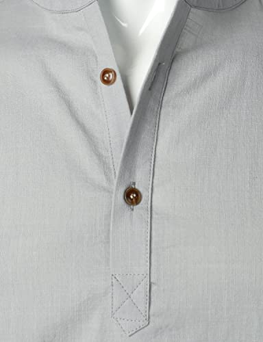 Lucmatton Men's Casual Cotton Linen Short Sleeve Henley Shirt Summer Lightweight Banded Collar Beach Tops Light Grey Small #TOP3