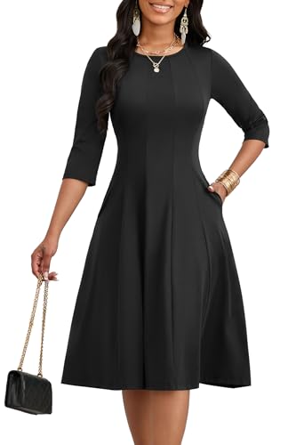 Image of CLOCOR Casual Midi Dresses for Women A-Line Fit and Flare Elegant Church 3 /4 Sleeve Crew Neck Dress with Pocket