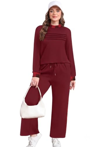 Image of WIHOLL Two Piece Sets for Women Fall Travel Vacation Outfits 2026 Long Sleeve Lounge Sets Side Slit Wide Leg Pants XS-3XL