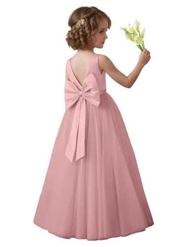 Satin Flower Girl Dress for Wedding Tulle First Communion Dresses Bow-Knot Girls Princess Pageant Gown