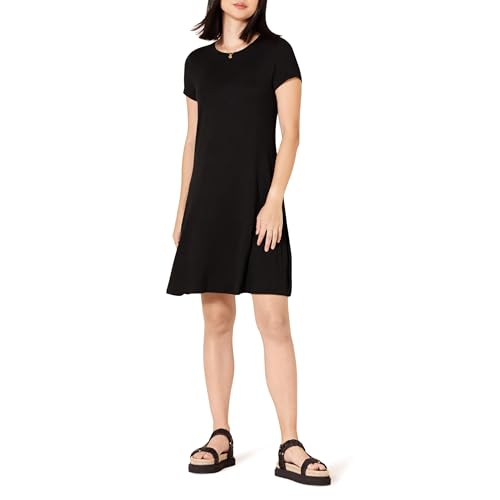 Amazon Essentials Damen Kurzärmeliges Swing-Kleid mit U-Ausschnitt (erhältlich in Übergröße), Schwarz, M