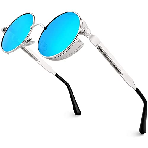 AORON Lunettes de soleil rondes pour homme Polarisées rétro vintage en nickel John Lennon Hippie Steampunk avec cadre en métal, bleu Cover