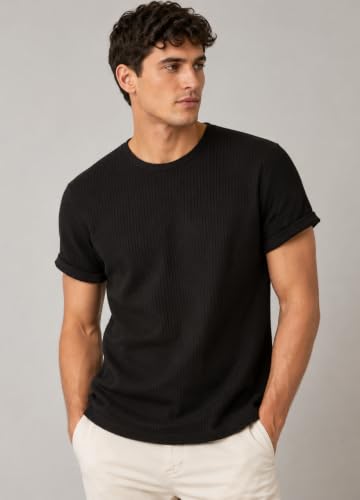 Image of London Hills Men's Waffle Textured T-Shirt | Solid Regular Fit Round Neck Half Sleeve Casual Wear Tee | Soft, Breathable & Lightweight Fabric
