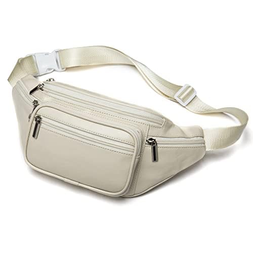 Leather Fanny Pack Waist Bag for Men Women Outdoor Travel Hiking Camping Walking Running Hip Bum Belt Slim Cell Phone Purse Wallet Pouch (Beige)