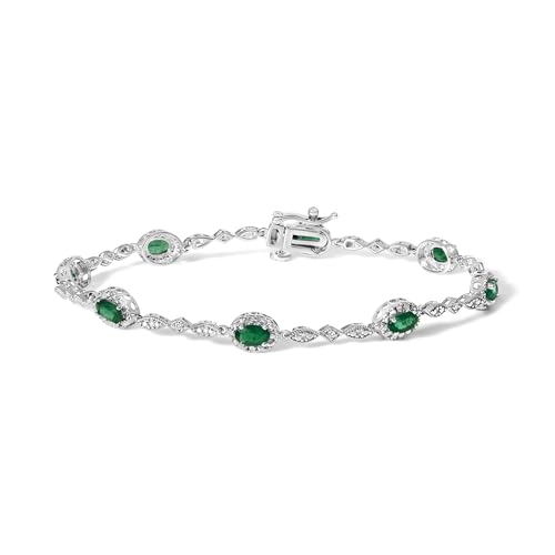 10K White Gold Oval Green Emerald & Diamond Alternating Link Bracelet