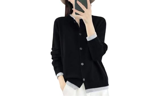 Suéter ajustado con botones para mujer, cuello redondo, ajustado, cárdigan de manga larga, Negro, L