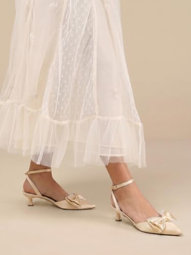 Image of Coutgo Womens Satin Kitten Low Heels Bow Pearl Closed Pointed Toe Pumps Ankle Strap Wedding Dress Shoes