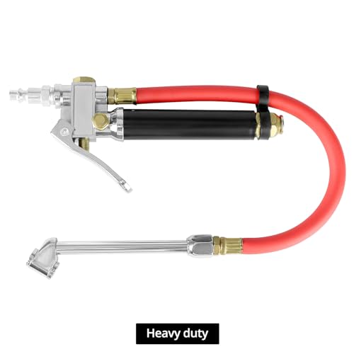 Image of QWORK 10-120 PSI Tire Inflator Gauge - Dual Head Chuck, 12-Inch Hose, Leak-Free Valve Core, Chrome-Plated Cast Steel, with 4 Way Tool and Valve Cores Tire Pressure Gauge