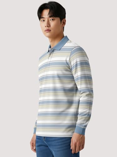 Image of BULLMER White Striped Printed Polo Neck Fullsleeve Tshirt with Rib for Men.