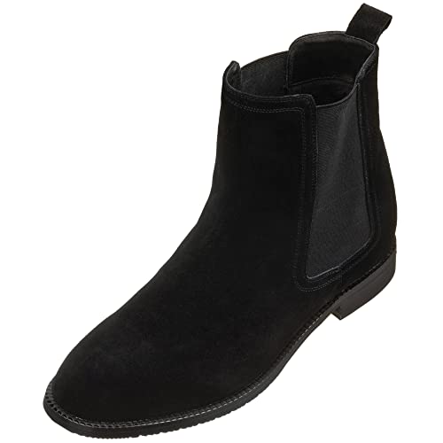 CALTO Men's Invisible Height Increasing Elevator Shoes - Black Suede Leather Slip-on Chelsea Boots - 2.9 Inches Taller - K33090 - Size 11 D(M) US