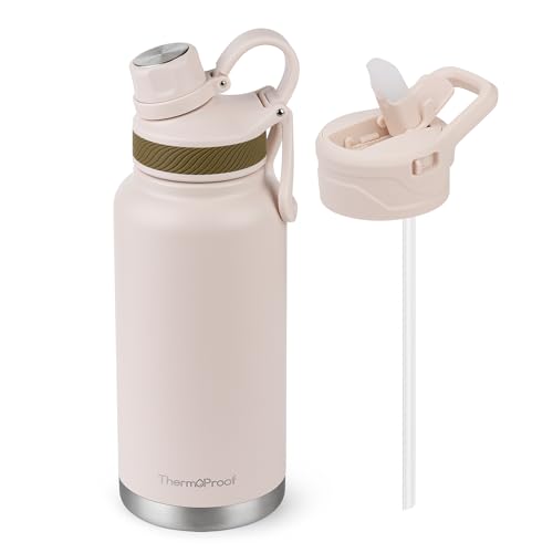 Image of ThermoProof Double-Walled Vacuum Insulated Stainless Steel Water Bottle - Wide Mouth Canteen, Spout & Straw Lids, Dishwasher Safe, Reusable, Leakproof, Hot & Cold for Men, Women & Kids - 32oz, Taupe