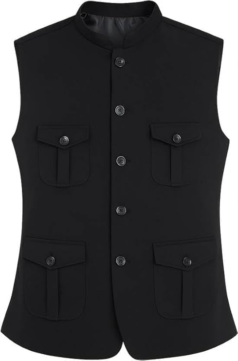 Men's Ethnic Nehru Collar Sleeveless Jacket with Multi Pockets, Black