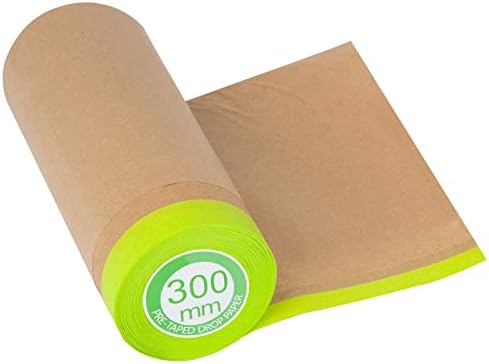 Pre-Taped Masking Paper for Painting - 12 inch x 50 feet Tape and Drape Painters Paper, Paint Adhesive Protective Paper Roll for Covering Skirting, Frames, Cars and Auto Body (1 Roll)