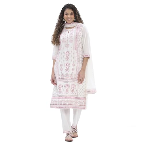 Image of Biba Women 100% Cotton 3 /4 Sleeve Round Neck Printed Kurta Set