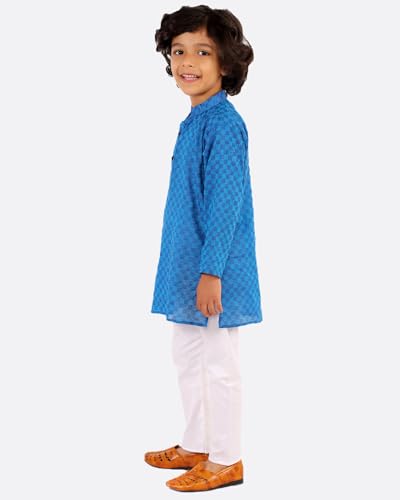 Image of superminis Baby Boys Traditional Ethnic Wear Handloom Cotton Solid Pattern Kurta With White Pyjama Set
