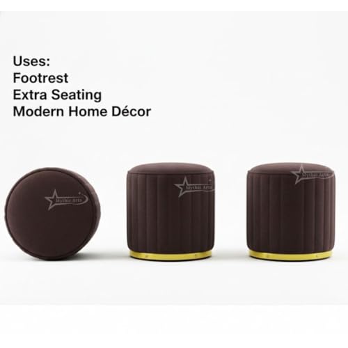 Image of Upholstered Round Linen Strip Stool Living Room Foot Rest Office Stool Pouf Ottoman Padded Seat - Brown