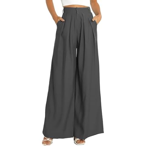 Bnycuml Women's High Waist Casual Wide Leg Palazzo Pants Office Work Trousers with Pockets(Dark Grey,Medium) Cover