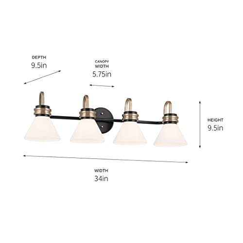 Image of Kichler Farum 34 inch 4-Light Bathroom Vanity Light Fixture with Opal Glass in Black, Modern Over Mirror Lighting for Single or Double Vanity, Powder Room (34 inch W x 9.5 inch H), 55156BK