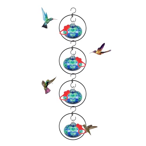 Headak Life 4 Pack Circular Hummingbird feeders for Outdoors Hanging,Hand Blown Glass Hummingbird Feeder with 4 Adjustable Silicone Perch,Never Leak,Gardening Gifts for Woman Man(Dotted Blue)