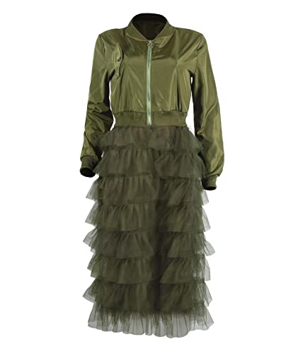 ECDAHICC Women's Mesh Patchwork Bomber Jacket Casual Long Sleeve Zipper Open Front Lace Ruffle Hem Coat Dress(AG,3XL)4