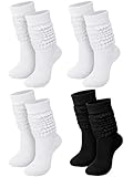 Janmercy 4 Pairs Slouch Socks for Women Bulk Stacked Boot 80s 90s Neon Slouch Knit Scrunchie Socks(Medium,White, Black)