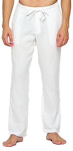 Mariyaab Men's Casual 100% Linen Pants with Drawstring and Elastic Waist, White, 36W x 32L