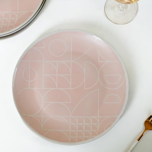 Image of Nestasia Ceramic Dinner Plates Set of 4 (10 Inch Each) - Microwave & Dishwasher Safe Full Plates with Geometric Pattern - Perfect for Home, Kitchen, Dining & Gifting (Pastel Pink Matte Finish)