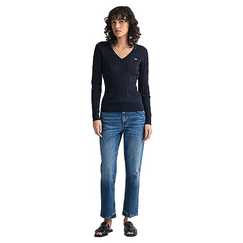 GANT Câble en Coton Stretch col en V Sweater, Bleu Nuit, M Femme