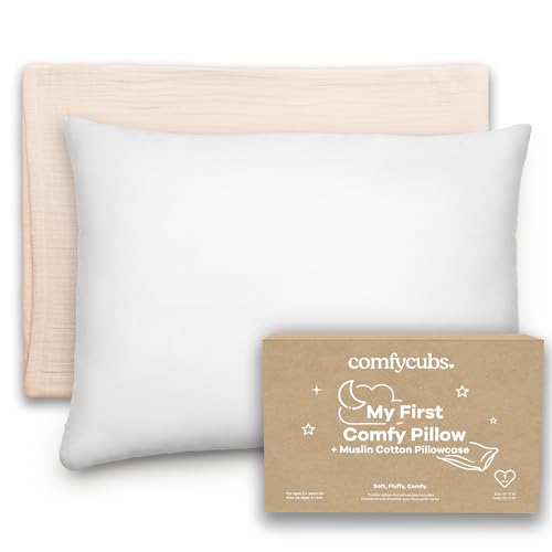 Image of Comfy Cubs Toddler Pillow with Muslin Pillowcase, 13 x 18 in - Travel and Sleep Support for Kids - Lightweight, Breathable Microfiber Fill - Soft and Cozy Small Pillow for Toddlers - Cream