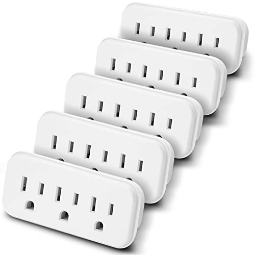 3 Outlet Wall Adapter Extender, Mini Grounded Plug Splitter, 15A/125V/1875W, ETL Listed, White, 5 Pack