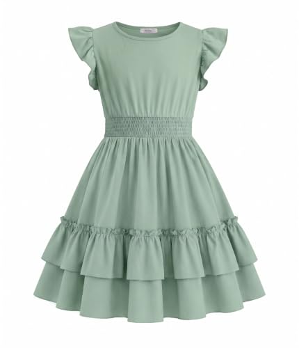 Image of Arshiner Girls Dresses Flutter Sleeve A-Line Sundress Casual Summer Tiered Swing Midi Pocket Dress