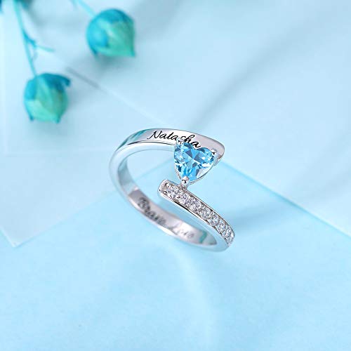 AILIN Heart Birthstone Rings With Name 925 Sterling Silver Crystal Custom Engraving Promise Rings Wedding Engagement Birthday Gifts For Her Women3