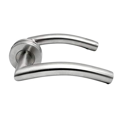 Curved Lever Handle on Rose for Internal and External Use - Fire Rated Satin Stainless Steel