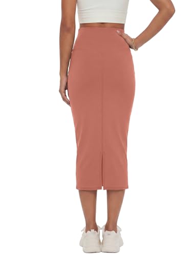 Image of Rooscier Women's High Waisted Pencil Midi Skirt | Stretchy Bodycon Knee Length Skirts with Back Slit