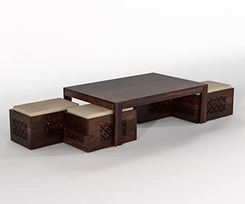 Image of Sheeshsam Wooden Coffee Table with 4 Stools for Living Room - Solid Wood Coffee Table with Cushion Seating Stools Tea Table Teapoy Center Piece for Home Sofa Center Table (Norris Walnut)