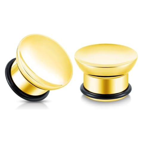 YOFANST 2pcs Stainless Steel Ear Tunnels Concave Single Flare Ear Gauges 0g, Gold Cover
