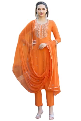 Image of GoSriKi Women's Cotton Blend Embroidered Kurta Set with Pant & Dupatta - Straight Calf‑Length, 3 /4 Sleeve, Round Neck - Elegant Ethnic Attire (5 Colors, S-5XL)