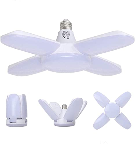 HZSANUE E27 LED Luz de Garaje 60W, 6500K Blanco Frío 6800Lm Lámpara de Taller Deformable con 4 Paneles Ajustables, Iluminación de Techo LED, para Garajes, Sótanos, Almacén, Ático, Gimnasio (Pack de 1)
