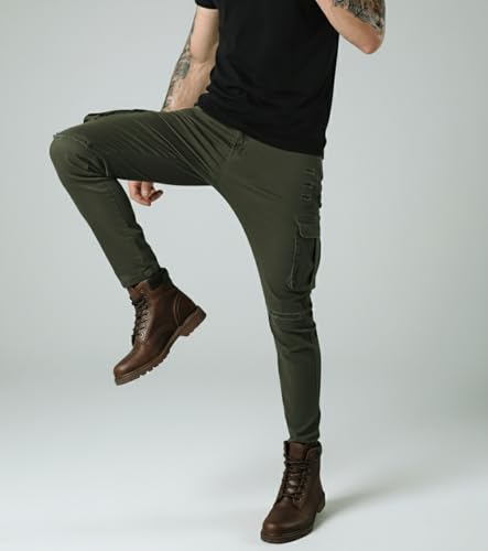 Image of L'MONTE Imported Multi Pockets Cotton Cargo Skinny Fit Stretchable Army Green Joggers Pant for Men
