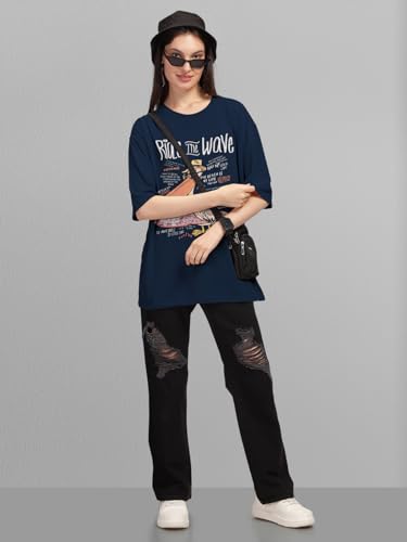 Image of HELLCAT Beige Trendy Printed Oversized T-Shirt for Women