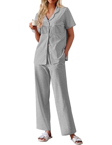 Ekouaer Women's 100% Cotton Pajamas Set Short Sleeve Button Down Pjs 2 Piece Soft Sleepwear with Long Pants Lounge Set Light Grey Large