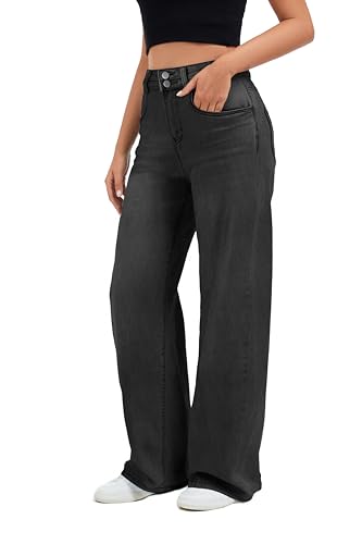 KICZOY Women's Jeans High Waisted Straight Leg Stretchy Jeans Boyfriends Loose Wide Leg Denim Pants F-Black — view 5