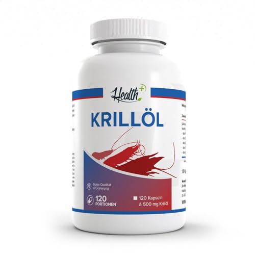 Health+ Krill-Öl - 120 Kapseln mit je 500 mg hochwertiger Omega 3 Fettsäuren, mit EPA und DHA, keine Schadstoff-Belastung, Made in Germany