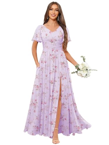 Chiffon Flutter Sleeve Bridesmaid Dresses with Slit Pockets V-Neck Long A-Line Ruched Formal Wedding Party Dress