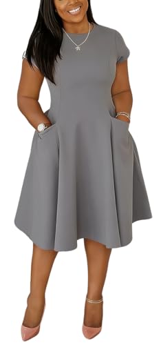Image of Summer Dresses for Women Semi-Formal Fit Casual Slim Short Sleeve O-Neck Elegant Swing A Line Midi Dresses with Pockets