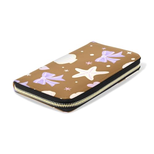 Long Wallets Leather Bifold Wallet for Women Bow Shell Beige with Zipper Credit Card Holder Large Capacity4