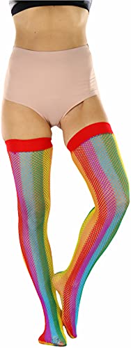 Image of ToBeInStyle Women's Rainbow Bright Multicolor Nylon Thigh High Stockings